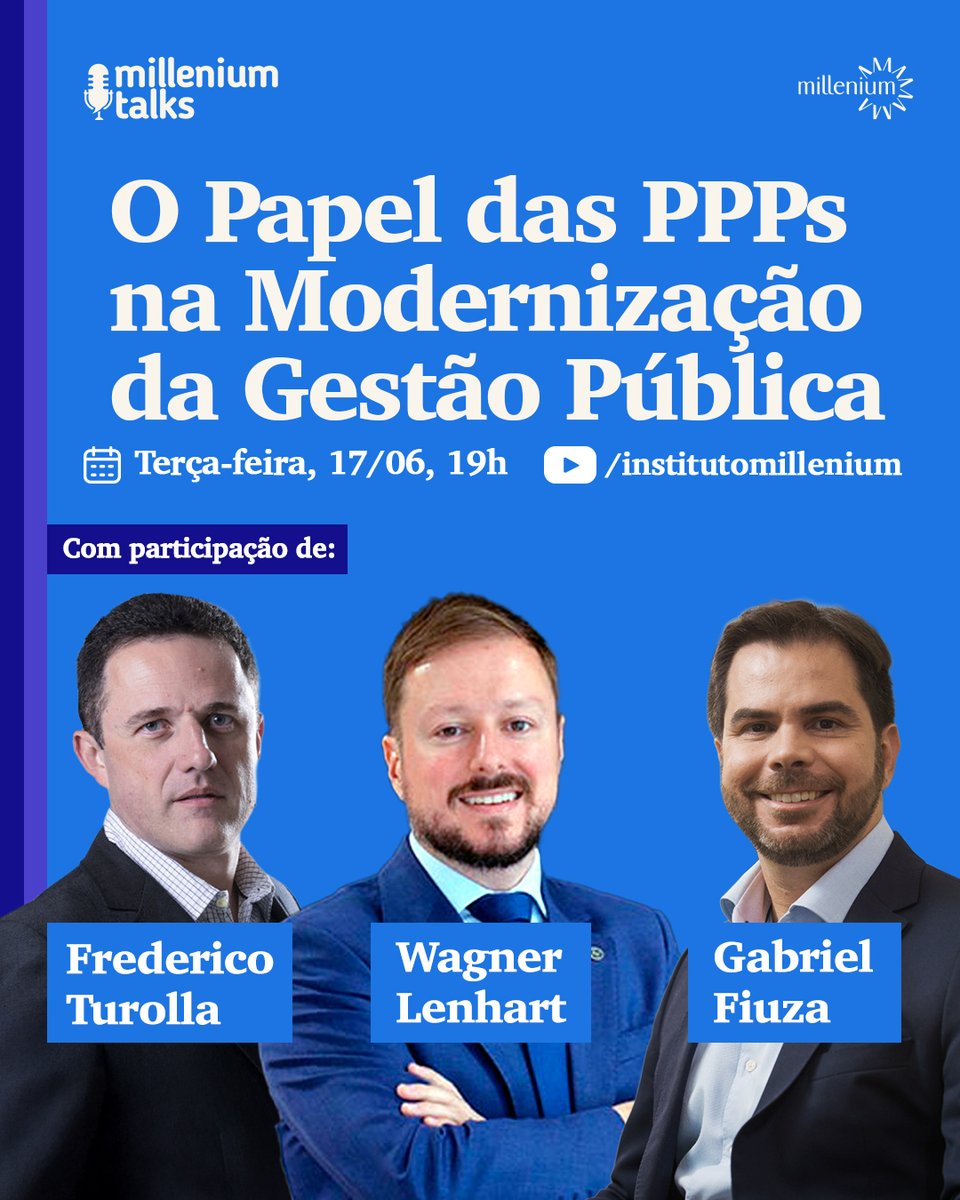 instmillenium's tweet photo. Amanhã, às 19h, vai ao ar um novo episódio do Millenium Talks, com o tema “O Papel das PPPs na Infraestrutura Social no Brasil”. Wagner Lenhart conversa com dois grandes especialistas no assunto: Frederico Turolla, presidente do PSP Hub e sócio da @pezconomics , e Gabriel Fiuza, economista e ex-secretário de Desenvolvimento da Infraestrutura do Ministério da Economia. No bate-papo, eles analisam os principais desafios regulatórios, os riscos políticos, os mecanismos de financiamento e o potencial das parcerias público-privadas para transformar áreas prioritárias como saúde, educação e segurança. Acesse nosso canal no YouTube e não perca! https://t.co/d5ulq3QOQH