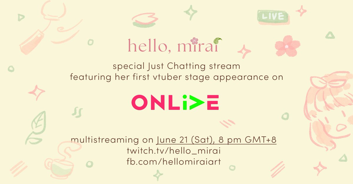 ⚠️ SURPRISE LIVESTREAM SCHEDULE ⚠️

Hi Miraicles! Let's see each other again on Saturday as I share my ONLive shenanigans on stream. It'll be a very fun discussion as the panel topic is very relatable to everyone! See ya on my Twitch channel~ (link on replies) 🩷
