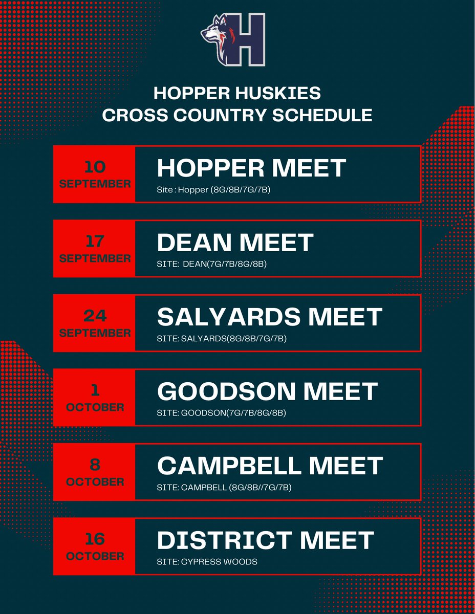 Our cross country schedule for 2025!!! <a href="/HopperMS/">Hopper Middle School</a> <a href="/feliciahayes03/">Felicia Hayes, Ed.D.</a>