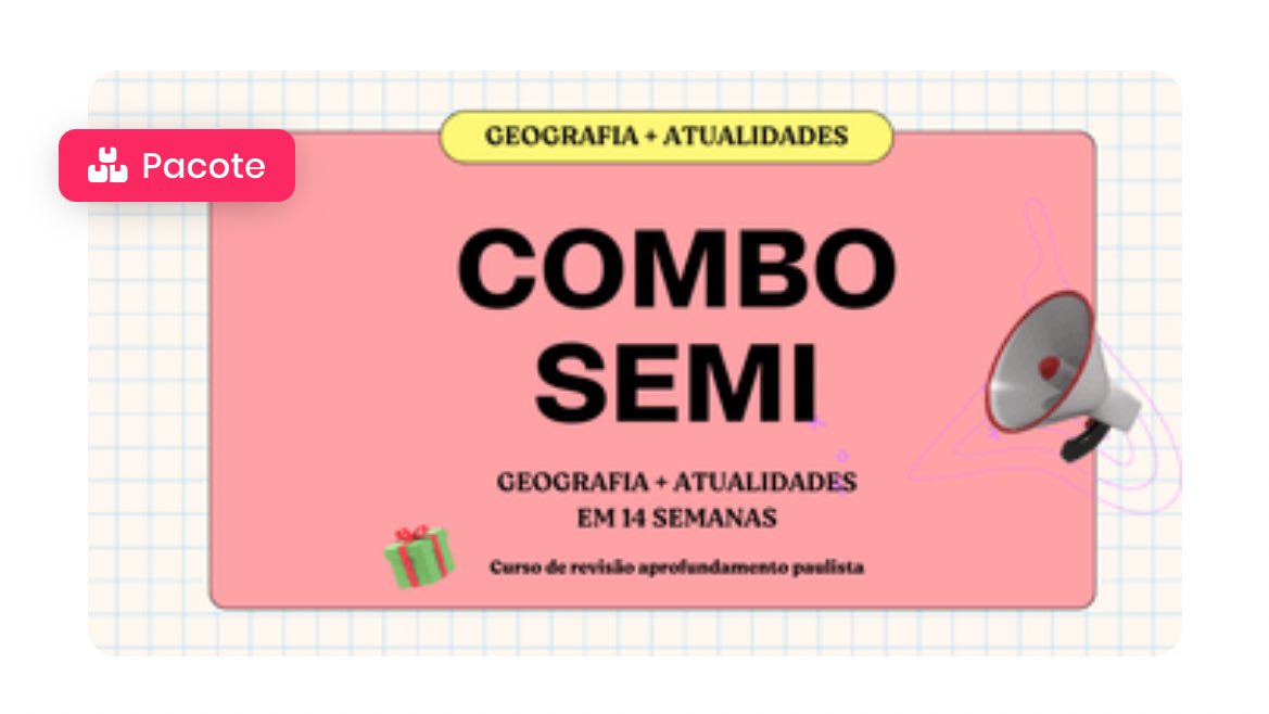 Hoje é oficialmente a ultima turma lançada do extensivo volta ao mundo🩷💜

Venha conhecer a turma semi!!
🌷turma semi combo
🌷turma semi de humanas
🌷turma semi de geo física

obs:tem bonus do aprofundamento das paulistas para quem adquirir o combo!!
cupom de 15%🏷️MARIAR15