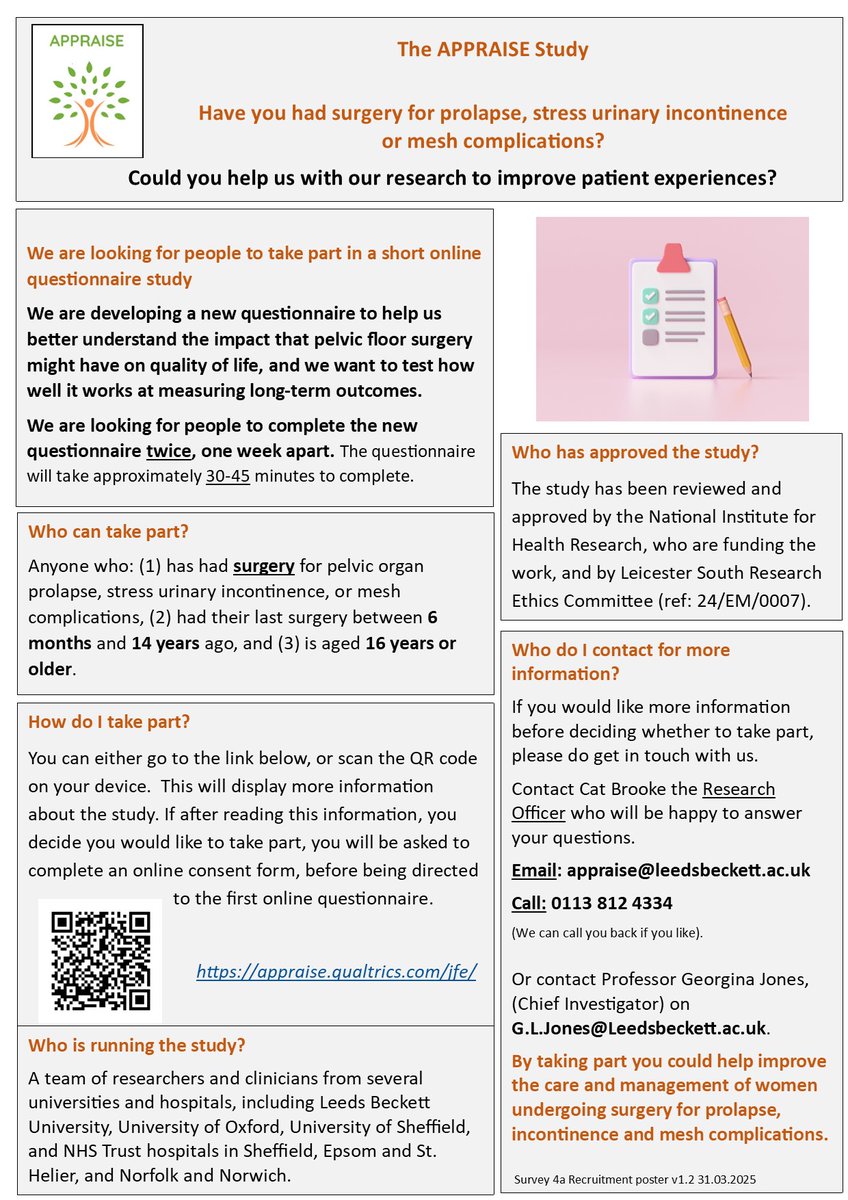 Have you had surgery for prolapse, urinary incontinence or mesh complications between 6 months and 14 years ago? We are recruiting women to complete a survey about their quality of life twice, one week apart. appraise.qualtrics.com/jfe/form/SV_3d… Thank you, the APPRAISE team
