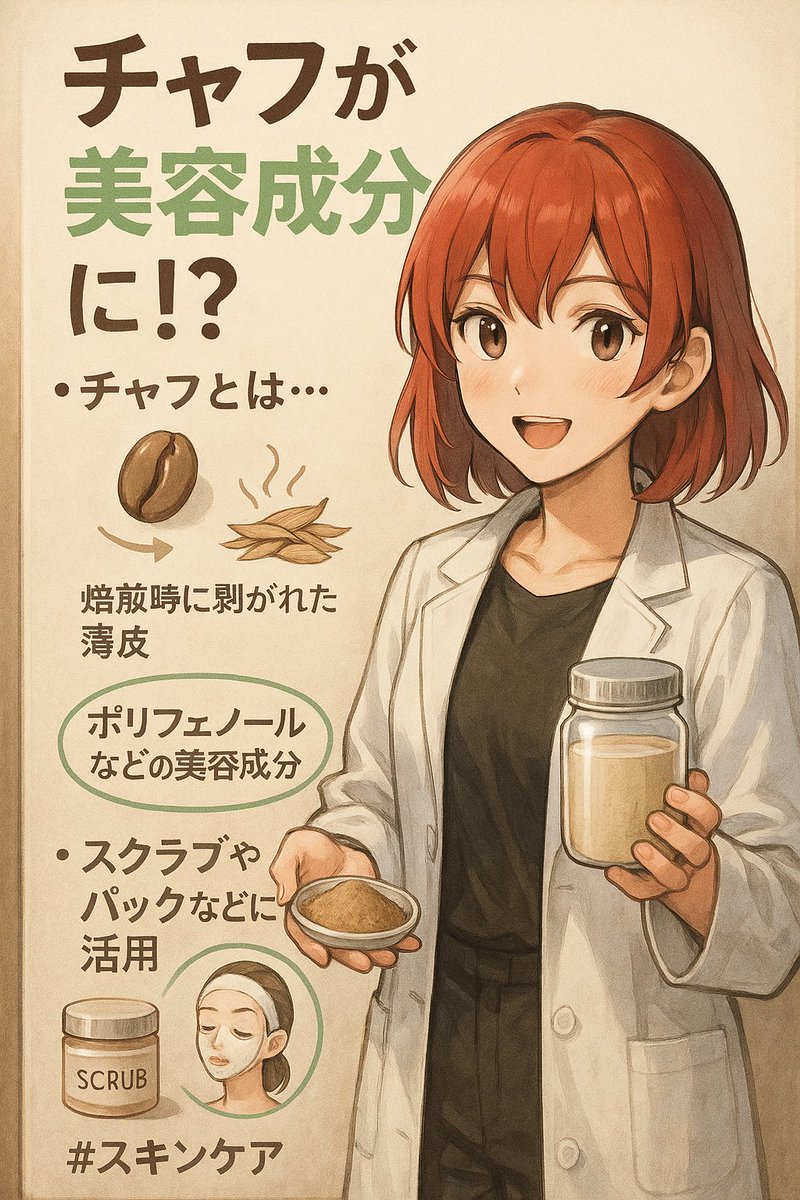 JetBlackMocha's tweet photo. “コーヒーの皮”が美肌に？チャフ再利用の最前線

コーヒーの“皮”がスキンケアに⁉
焙煎で剥がれるチャフ（豆の皮）が、実はポリフェノール豊富で注目の美容素材に。
廃棄されていたその皮が、今や自然派スクラブやパックに大変身！

#コーヒー再利用   #ナチュラルコスメ https://t.co/xL6VjKlwtL