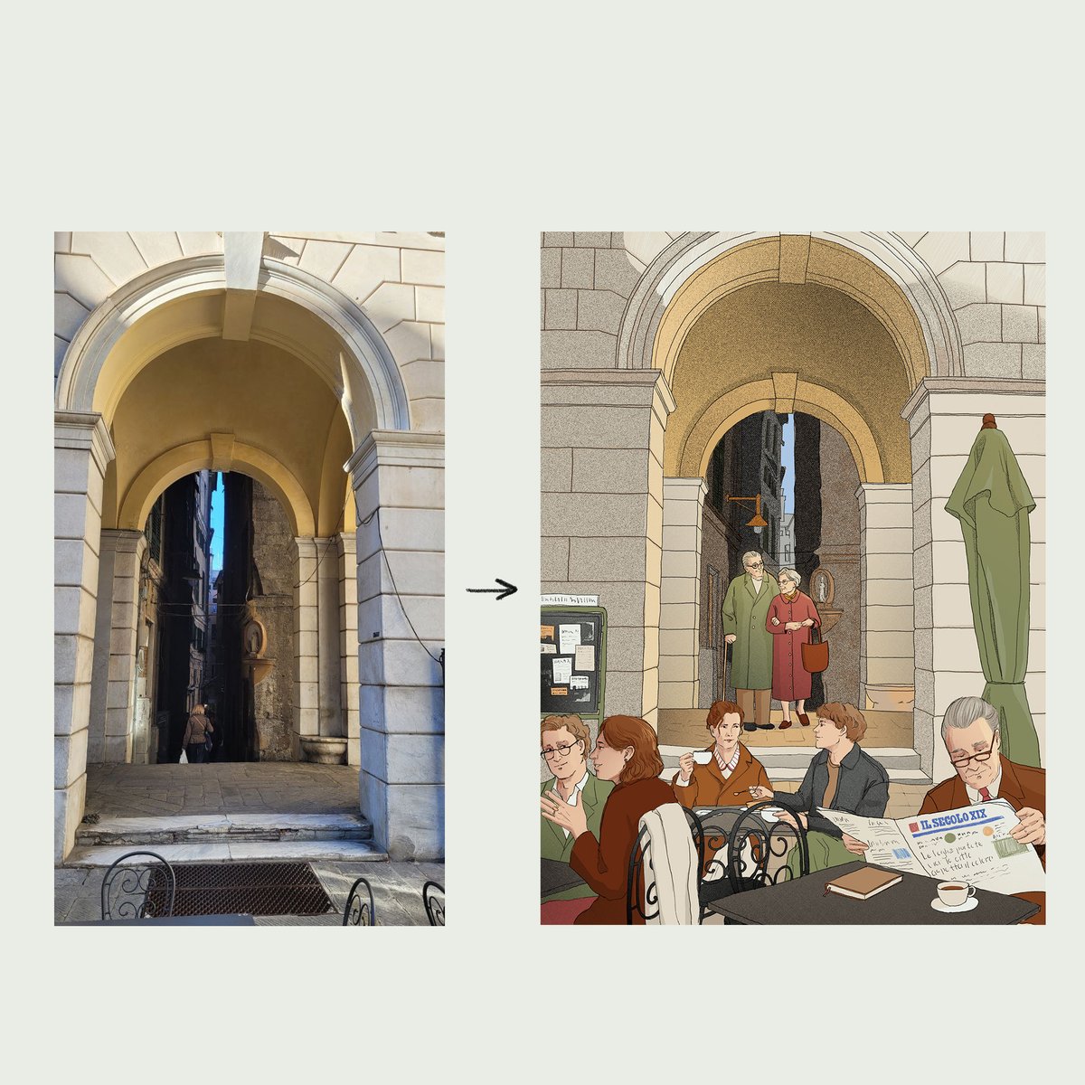 khasanovmrr's tweet photo. For example, I drew this illustration after a trip to Genoa. I saw a lovely spot but only had a couple of hours to explore. No time to sketch, so I snapped a quick photo. Weeks later, I used that photo to create this illustration
4/5 https://t.co/u7V6kskbQG