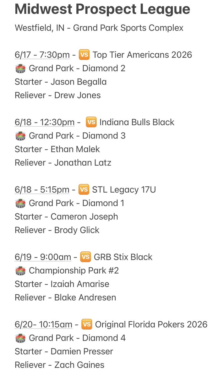 Here we go <a href="/Bullpenevents/">Bullpen Tournaments</a> - <a href="/GrandParkSports/">Grand Park Sports Campus</a> 

<a href="/BegallaJason/">Jason Begalla</a> <a href="/realdrewjones1/">Drew Jones</a> <a href="/ethanmalek12/">Ethan Malek</a> <a href="/jack_latz/">Jack Latz</a> <a href="/camjoseph41/">Cameron Joseph</a> <a href="/BrodyGlick_7/">Brody Glick</a> <a href="/IzaiahAmarise/">izaiah Amarise</a> <a href="/andresen_blake/">Blake Andresen</a> <a href="/Press_Damien/">Damien Presser</a> <a href="/ZachGaines23/">Zach</a>