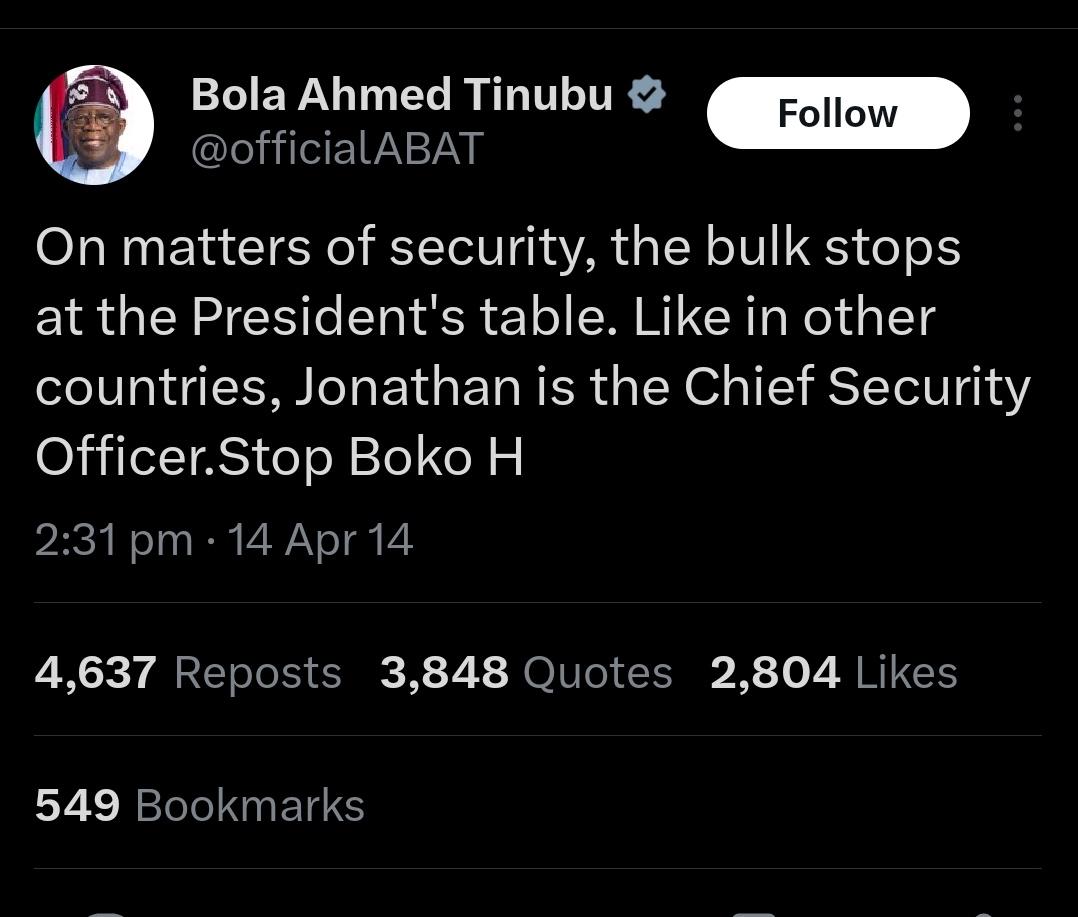 Saul forgot that he once tweeted this...
Thank God for Internet that never forgets.
Today, Tinubu a failed President is calling Alia.