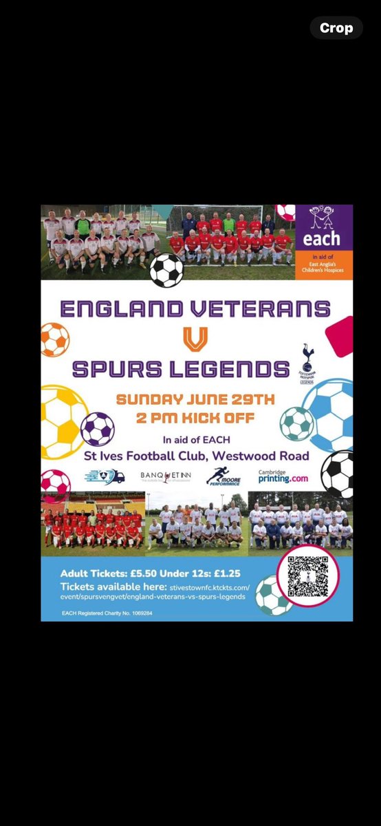 cranch_andy's tweet photo. Get your tickets now
Charity football match at @stivestownfc for @EACH_hospices
@EnglandVetsFc v Spurs legends
Raffle
Bar food ice cream and @SpursOfficial memorabilia on sale from @No1THFCProgs
#stives #charity #spurs #england #each92 https://t.co/SgkpekV8Uy