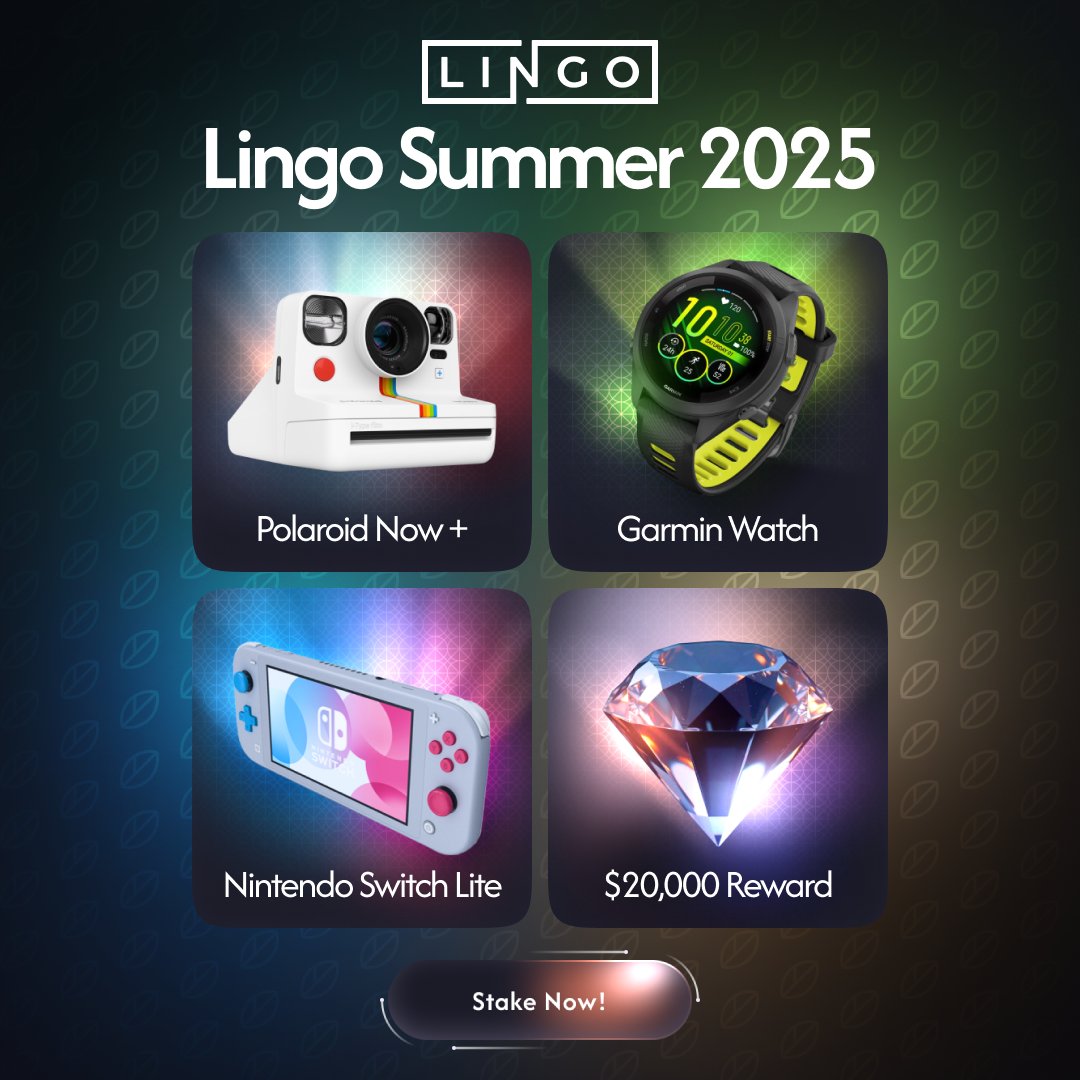 Lingo rewards just keep leveling up.

We’ve already gave tickets to the Champions League Final, MacBook Pro, and dropped a $20k dream prize. Here is what’s coming up next:

•⁠  ⁠$20,000 Dream Reward
•⁠  ⁠Brand new Car
•⁠  ⁠Third Rolex
•⁠  ⁠⁠DJI Drones, Nintendo