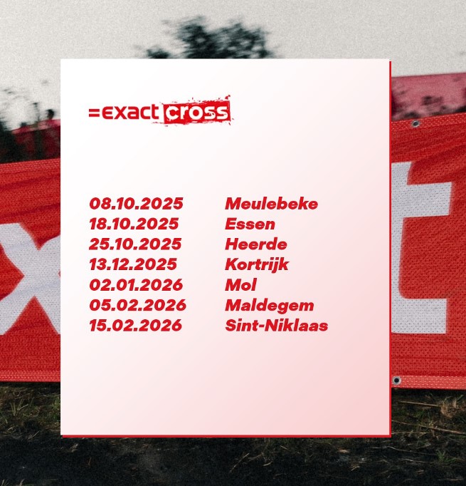 🗓️ Calendar Exact Cross 2025-2026:

New: 🇧🇪 Meulebeke, 🇧🇪 Mol (was Superprestige)
Out: 🇧🇪 Beringen (Nationals), 🇧🇪 Loenhout (X2O Trofee)

#cyclocross