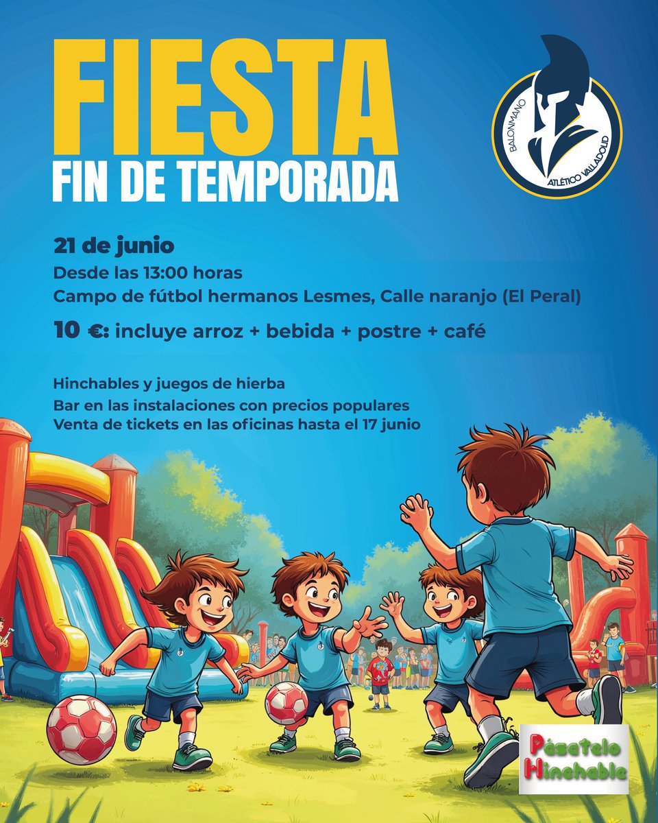 atlvalladolid's tweet photo. 📣 Mañana es el último día para hacerte con los tickets de la fiesta de fin de temporada del sábado 21.
🍽️ Recuerda: la comida es por encargo, no habrá venta en el campo.
💙 No te quedes fuera de esta gran despedida. ¡Nos vemos en El Peral!
#FiestaAzul #GladiadoresAzules https://t.co/7EvCMvQVMy