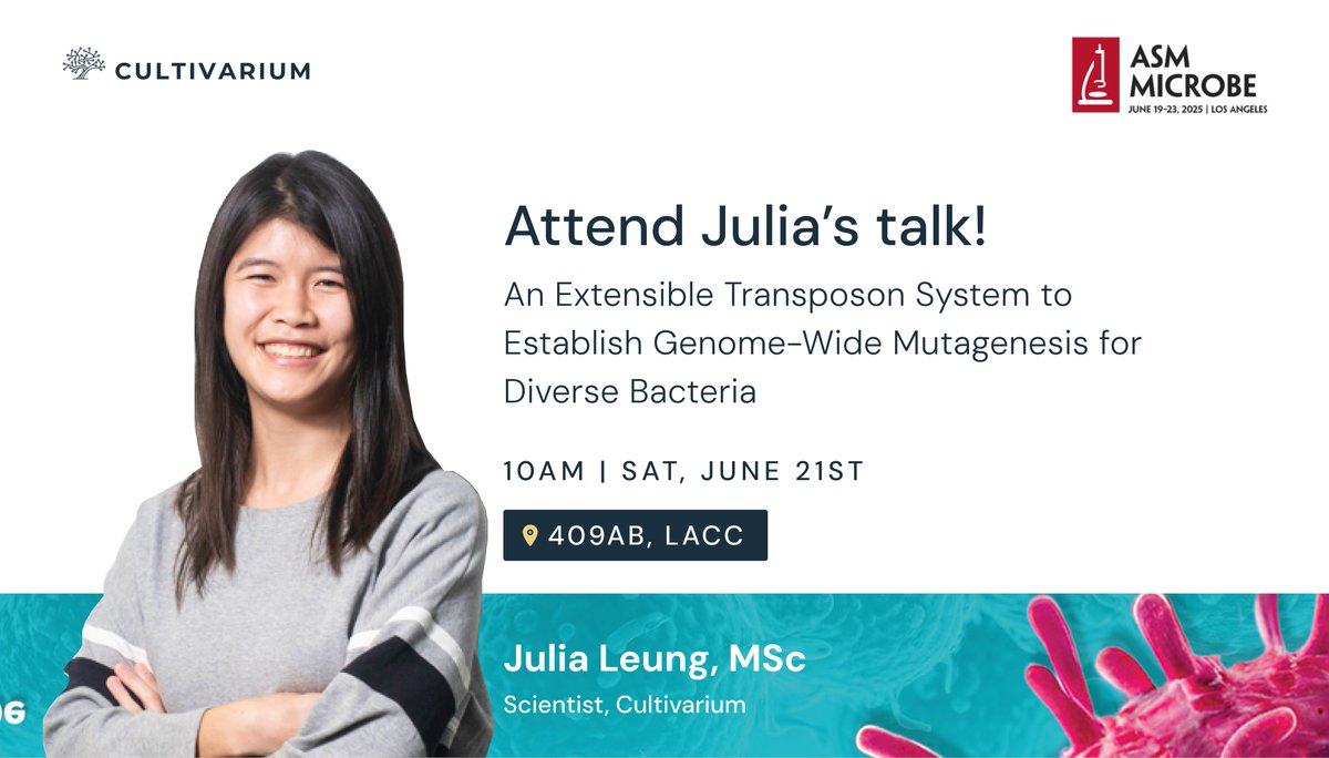 Enabling genetics is the first step to harnessing microbes.

Join Julia Leung TODAY as she shares how Cultivarium innovations make genome-wide mutagenesis more accessible across diverse microbes.

<a href="/ASMicrobiology/">ASM</a> #ASMmicrobe #ASMicrobe2025 #Microbiology #ScienceConnection