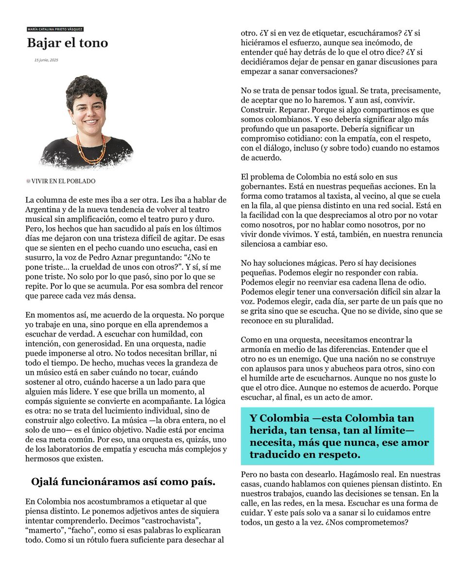 En este momento el país necesita nuestra mejor versión.

Así como en una orquesta cada instrumento suma a la armonía, nuestra comunidad también puede encontrar fuerza en sus diferencias.

¡Bajar el tono es el primer paso para volvernos a encontrar como sociedad!