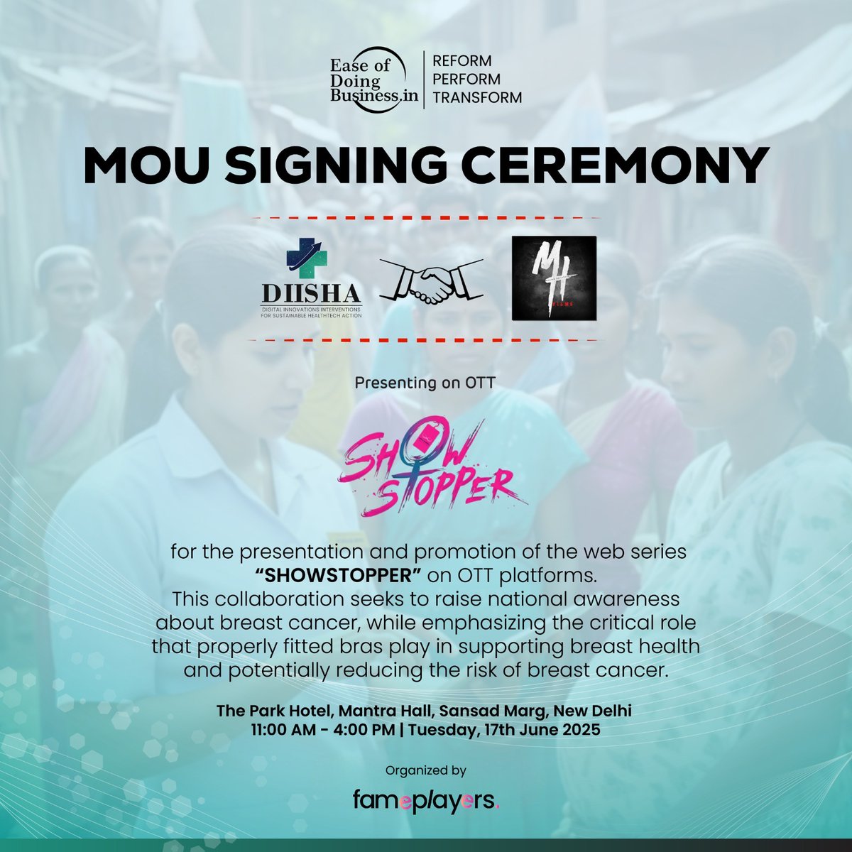 diisha_official's tweet photo. It’s happening tomorrow!
The MoU Signing Ceremony between @diisha_official and @Mhfilms171769 for the presentation and promotion of the web series ‘#SHOWSTOPPER’ on OTT platforms is scheduled for Tuesday, 17th June 2025, in New Delhi!
#Early_Detection_Better_Protection- #DIISHA https://t.co/Yd1nvorfKx