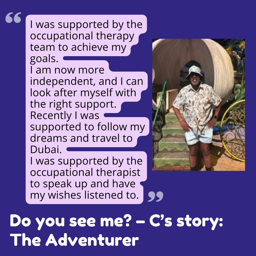 ✨ Do you see me? – C’s story: The Adventurer ✨  

With the support of our amazing Occupational Therapy team, C achieved their goals, gained independence, and followed their dreams — including a trip to Dubai! 🏖️✈️

#learningdisabilityweek2025
#LDWeek

<a href="/McrCALDS/">Mcr Community Adult Learning Disability Service</a>