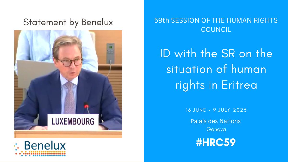 At #HRC59 ID on #Eritrea🇪🇷, the #Benelux countries 🇧🇪🇳🇱🇱🇺 expressed concern over ongoing human rights violations, including incommunicado detentions &amp; enforced disappearances. We urge Eritrea to cooperate with the UN mandate &amp; implement key UPR recommendations.