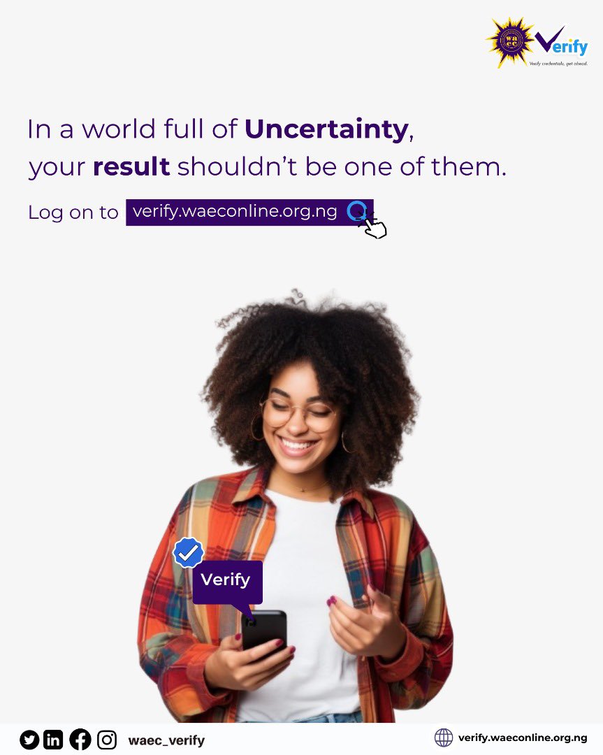 Authenticate WAEC Result (@waec_result) on Twitter photo Happy new week!
In a world full of uncertainty, let your WAEC result be one less thing to worry about.
Confirm its authenticity with WAEC Verify.✅
👉🏾Log on to verify.waeconline.org.ng to get started.
📲 Follow <a href="/WAEC_Result/">Authenticate WAEC Result</a> for updates.
#waec #verify #sidmach #waecverify Happy new week!
In a world full of uncertainty, let your WAEC result be one less thing to worry about.
Confirm its authenticity with WAEC Verify.✅
👉🏾Log on to verify.waeconline.org.ng to get started.
📲 Follow <a href="/WAEC_Result/">Authenticate WAEC Result</a> for updates.
#waec #verify #sidmach #waecverify