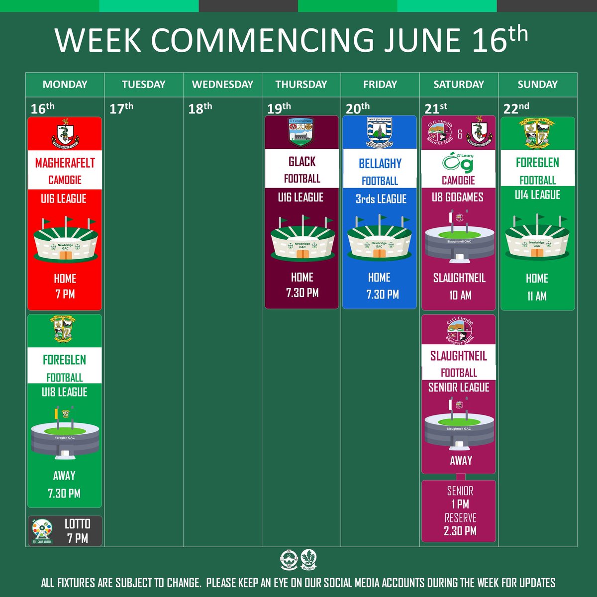 🇳🇬📅 𝗪𝗘𝗘𝗞𝗟𝗬 𝗙𝗜𝗫𝗧𝗨𝗥𝗘𝗦

See post for our schedule of games and events this week.  Please keep an eye on the social media channels for updates.