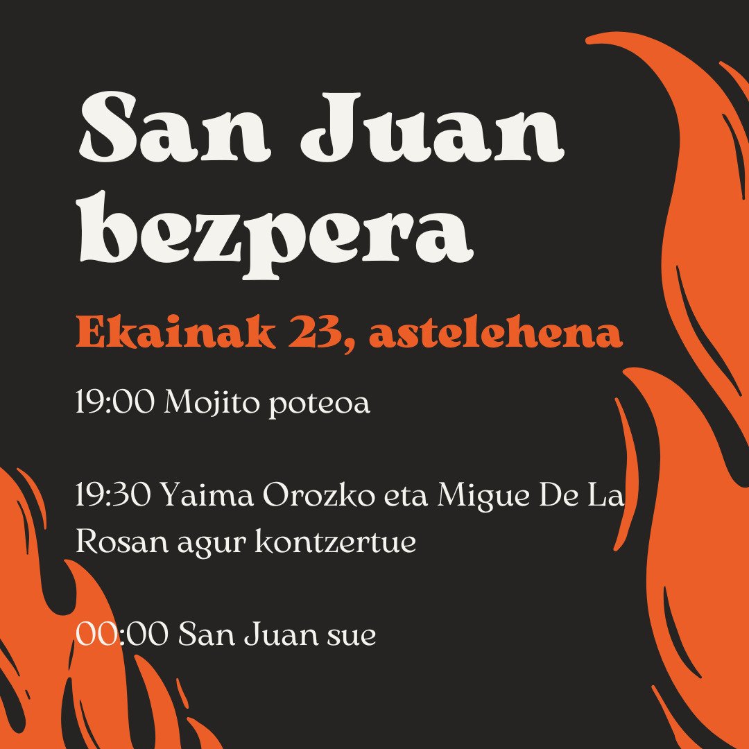 Urtero bezela, aurtene Artadik San Juan bezperan auzo afarie emangodo. Halare, oaingon, eune aprobetxatze aldea egitarau osatue antolau deu, mojito potea ta kontzertu batekin. 💃🎉🎸

Udai ta egualdi onai hasiera emateko aukera politte da asike animau!!🌞🔥