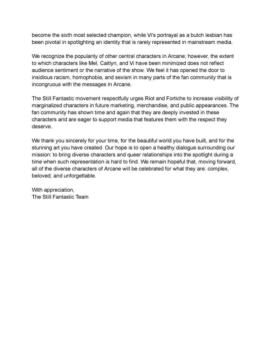 Still Fantastic (@stillcaitvi) on Twitter photo An open letter to <a href="/ForticheProd/">Fortiche prod</a> and <a href="/riotgames/">Riot Games</a> on behalf of the #StillFantastic movement. An open letter to <a href="/ForticheProd/">Fortiche prod</a> and <a href="/riotgames/">Riot Games</a> on behalf of the #StillFantastic movement.