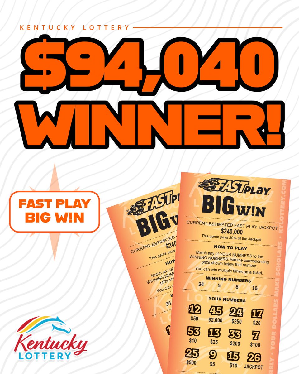 kylottery's tweet image. FAST PLAY 🔥 We had a HUGE #FastPlay win over the weekend! A player in Louisville scored a $94,040 win on a $2 Big W!n ticket! 🤯 The winning ticket was sold at @Speedway! Ready to play Fast Play? Get tickets at your local #KYLottery retailer today! bit.ly/kyfastplay