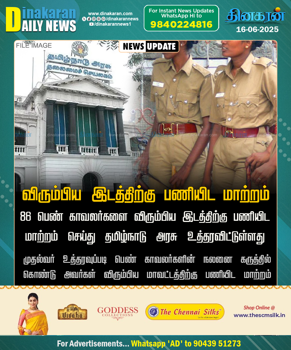 DinakaranNews's tweet photo. 86 பெண் காவலர்களை விரும்பிய இடத்திற்கு பணியிட மாற்றம் செய்து தமிழ்நாடு அரசு உத்தரவு
#FemalePolice #TNGovt #Transfer #DinakaranNews https://t.co/3xZjeogwDR