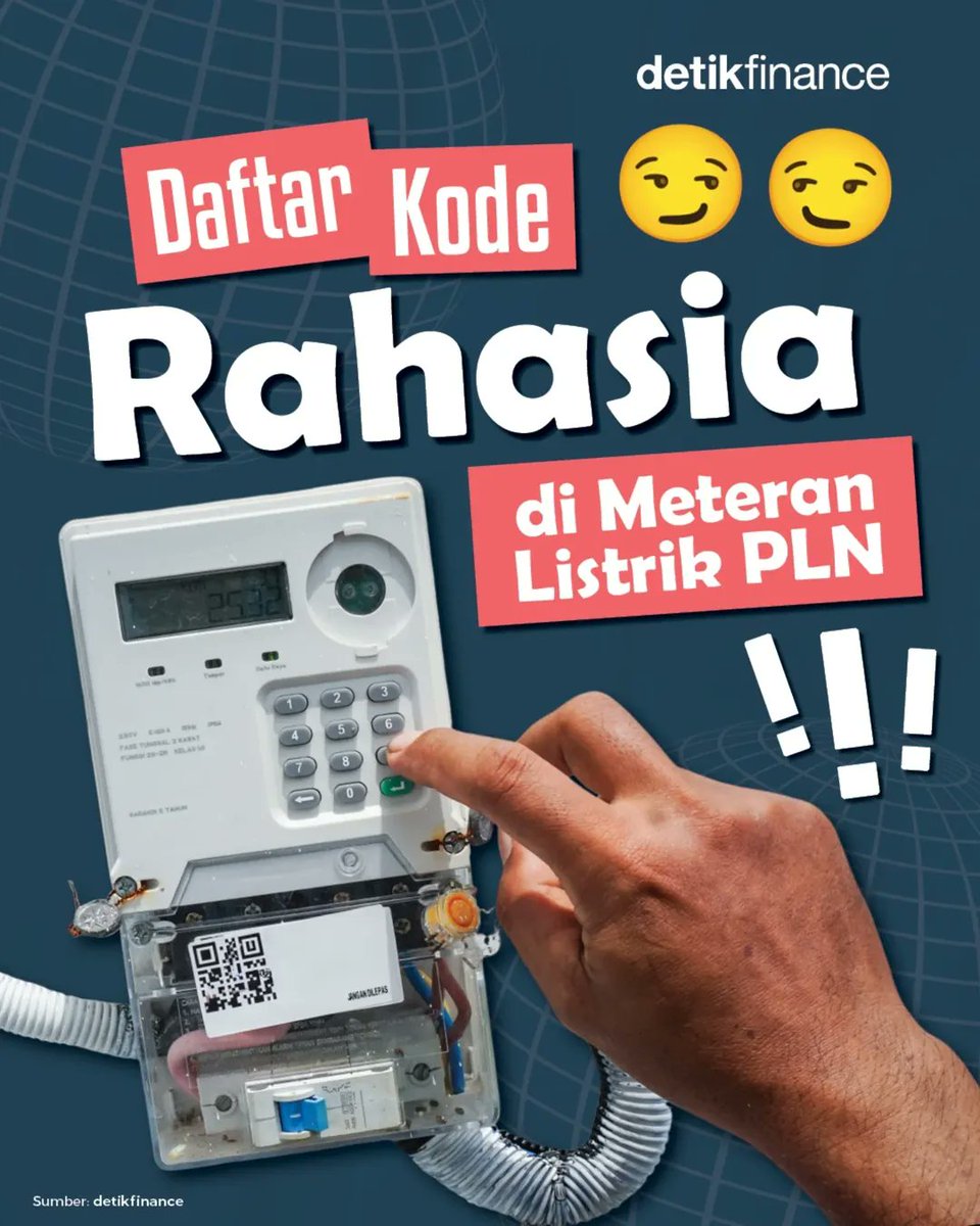 detikfinance's tweet photo. FYI! Meteran listrik PLN pra-bayar yang ada di rumah ternyata nggak cuma bisa dipakai mengisi token listrik. Ada kode rahasia meteran listrik pelanggan yang bisa dimanfaatkan pelanggan sesuai keperluan. ๐ก
Save biar nggak lupa! ๐
#Meteran #Listrik #PLN https://t.co/so34Br4cBz
