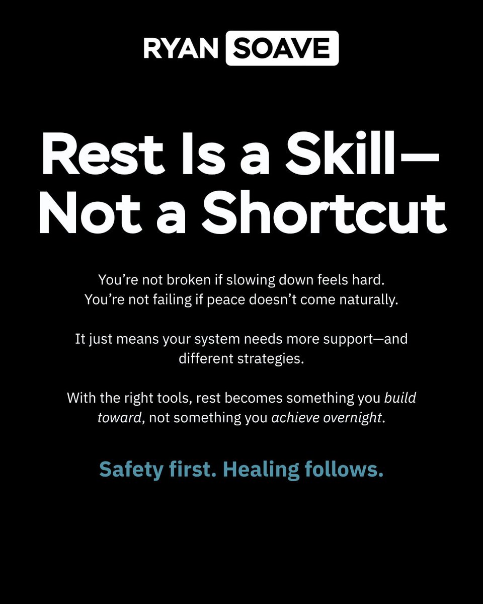 ryansoave_'s tweet photo. If rest feels hard, you're not doing it wrong.
Your nervous system might just be doing what it was trained to do: stay on guard.

For many, slowing down isn’t relaxing—it’s activating.
Because stillness can feel unsafe when your body’s been wired for survival.

That’s why nervous system healing isn’t about forcing calm.
It’s about building the capacity to feel safe in your body—moment by moment.

🛠️ In my free email series How to Feel Bad (and Love Your Life), I walk you through tools that help regulate your system and build real emotional resilience—from the inside out.

🌀 Tap the link in my bio to join.

#EmotionalResilience #NervousSystemHealing #TraumaInformed #FeelToHeal #RestIsAResponse #HealingTools #SomaticHealing #SelfRegulation #RyanSoave #GuardianRecovery #MindBodyHealing #NSDR #YogaNidra #Breathwork #RewireYourBrain #SelfCompassion