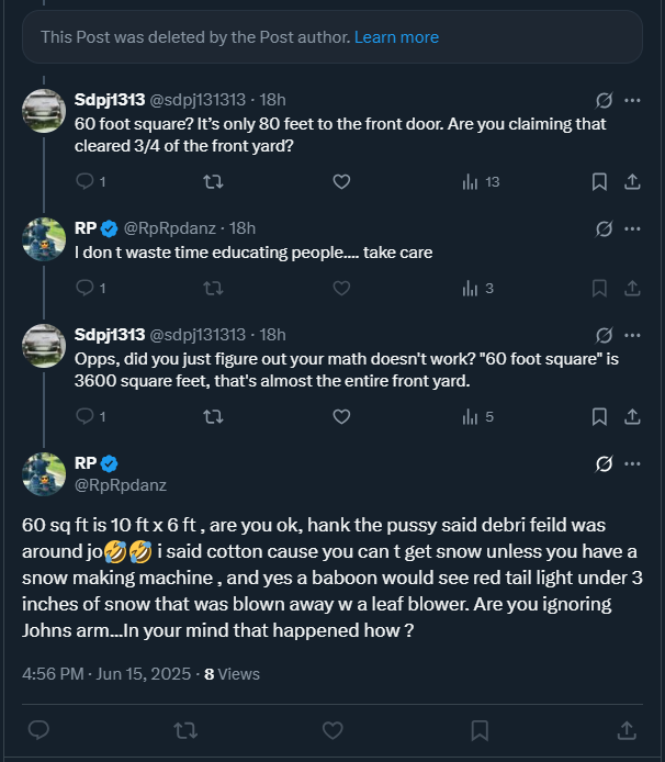 sdpj131313's tweet image. Dont you hate when Karen Read loonies get caught in lies, delete their posts then try to claim something different? Why&apos;d you block me @RpRpdanz because i called you out on your BS &quot;60 foot square&quot; is basically the entire front yard, why delete your Tweet?