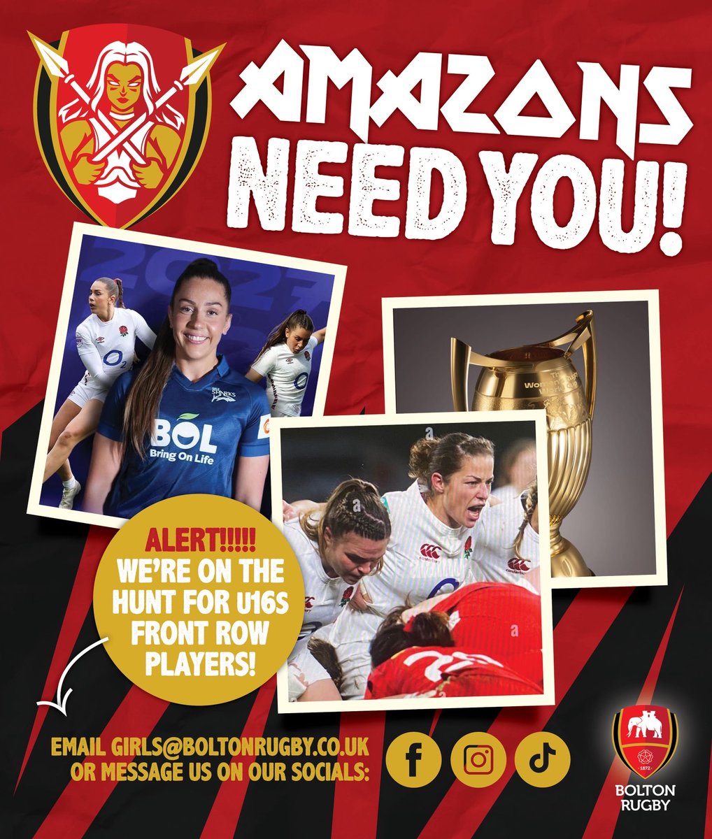 BoltonRUFC's tweet photo. AMAZONS NEED YOU!
Calling all u7 - u18 girls! This summer sees the Women's World Cup take place in England - could you be the next Red Rose?
Come down to Bolton Rugby Club &amp; see what girls rugby is all about - fun, fitness &amp; friendship.
For more info email girls@boltonrugby.co.uk https://t.co/WK1nKZ2JoN