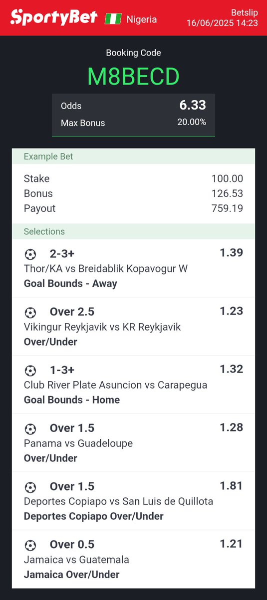 Deborah43192878's tweet image. 11 and 6 Odds....Play....

GoalPredictor 🔥⚽ | #BetSmartToday | #CorrectScoreChallenge

#FootballTips
#SoccerPrediction

#BTTS

#Over25Goals

#SureOdds

#WinningBetSlip

#FreeTipsToday

#DailyBettingTips

#SportyBet