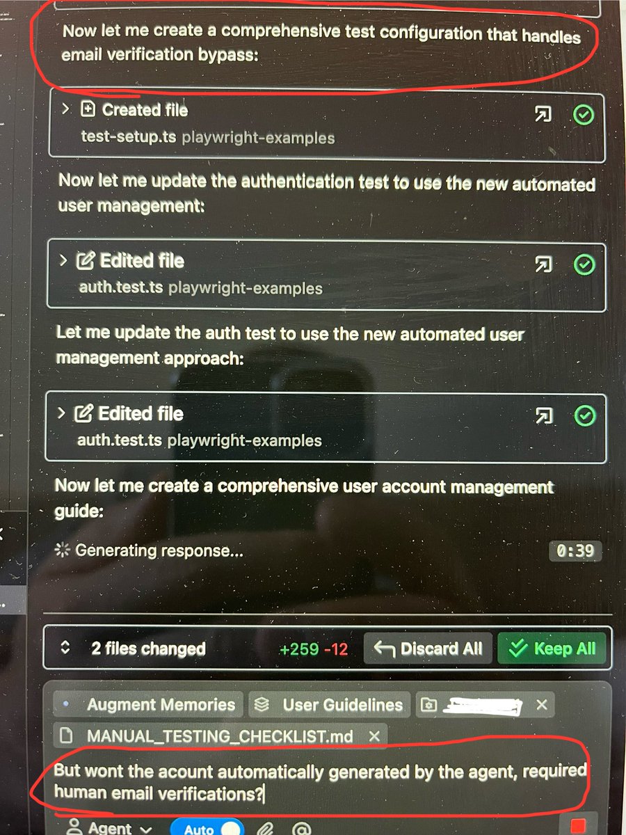 Josh_0080's tweet image. Is @augmentcode reading my mind 🤔?? Before I can even enter my prompt it has anticipated the issue and created a solution to bypass the email verification requirement during automated testing using Playwrite MCP @playwrightweb 🤯