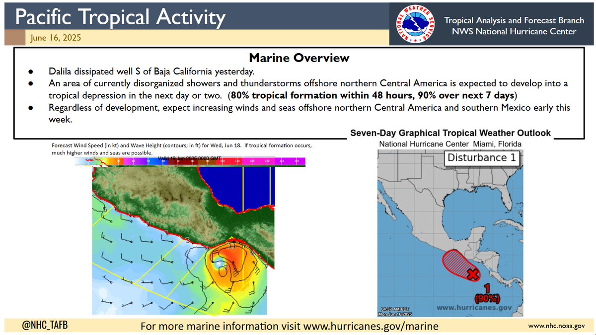 NHC_TAFB's tweet image. 6/16/2025:  #Dalilia has dissipated, but another area in the eastern #Pacific is likely to become a #TropicalDepression within 48 hours.  Hazardous winds and seas are possible, regardless of tropical development, offshore El Salvador, Guatemala, and southern Mexico with this low.