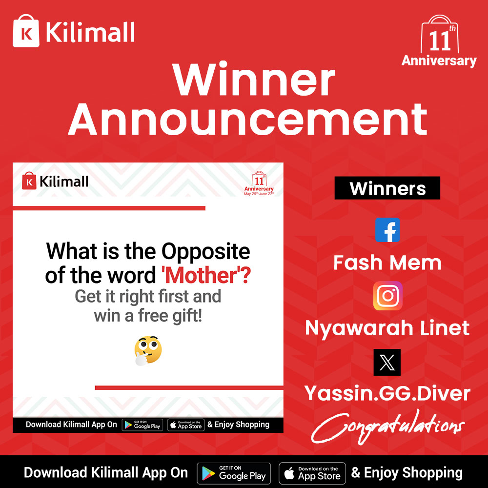Comment and Win Winners Announcement>> k.kili.co/1t417 💃
Congratulations guys🥳Kindly email your details Username, Official names, phone number and the Kilishop around you] to marketing@kilimall.com within 3 days to claim your gift.
#Kilimall11thAnniversary #Giveaways