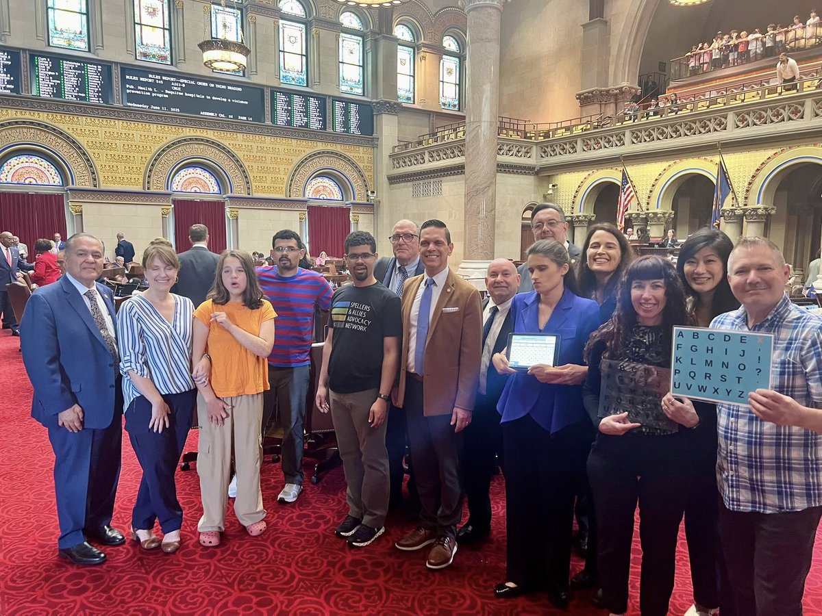 AutismActionNet's tweet photo. We got a bill, A7363, passed in the NY Assembly (134-0) on Friday that will allow disabled people to use the communication method of THEIR choice not what bureaucracies will allow. A group of young adults who communicate using typing or spelling boards descended on the Capitol and got this passed in lightning speed. They are awesome advocates for themselves. Now we have to get it passed in the Senate and get the Governor to sign it.