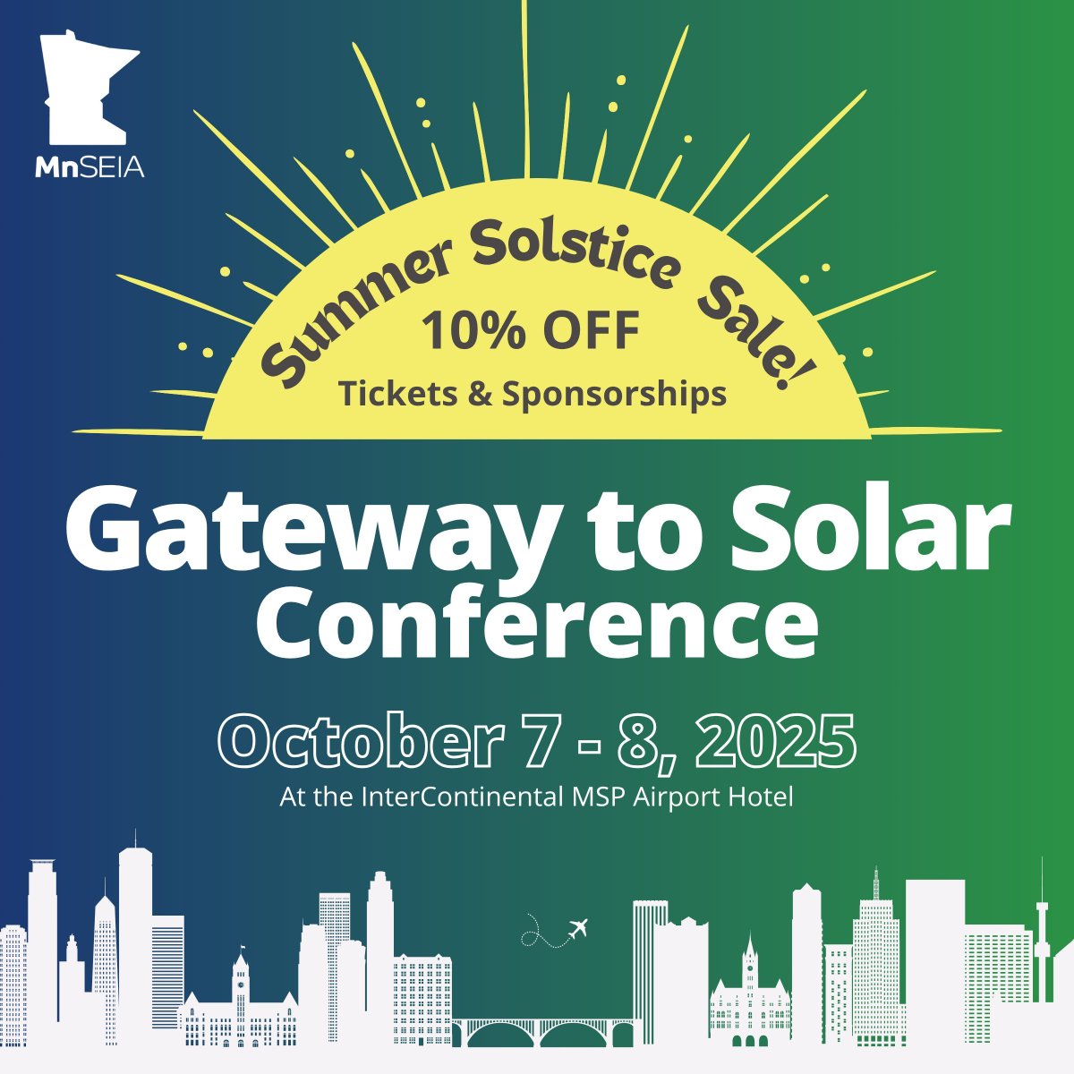 MnSEIA is excited to offer the first-ever Summer Solstice Sale for our annual Gateway to Solar Conference! From June 16–20, take 10% off sponsorships and tickets to one of the Midwest’s biggest solar + storage events.

☀️ Sponsor or register now: bit.ly/GatewaytoSolar…