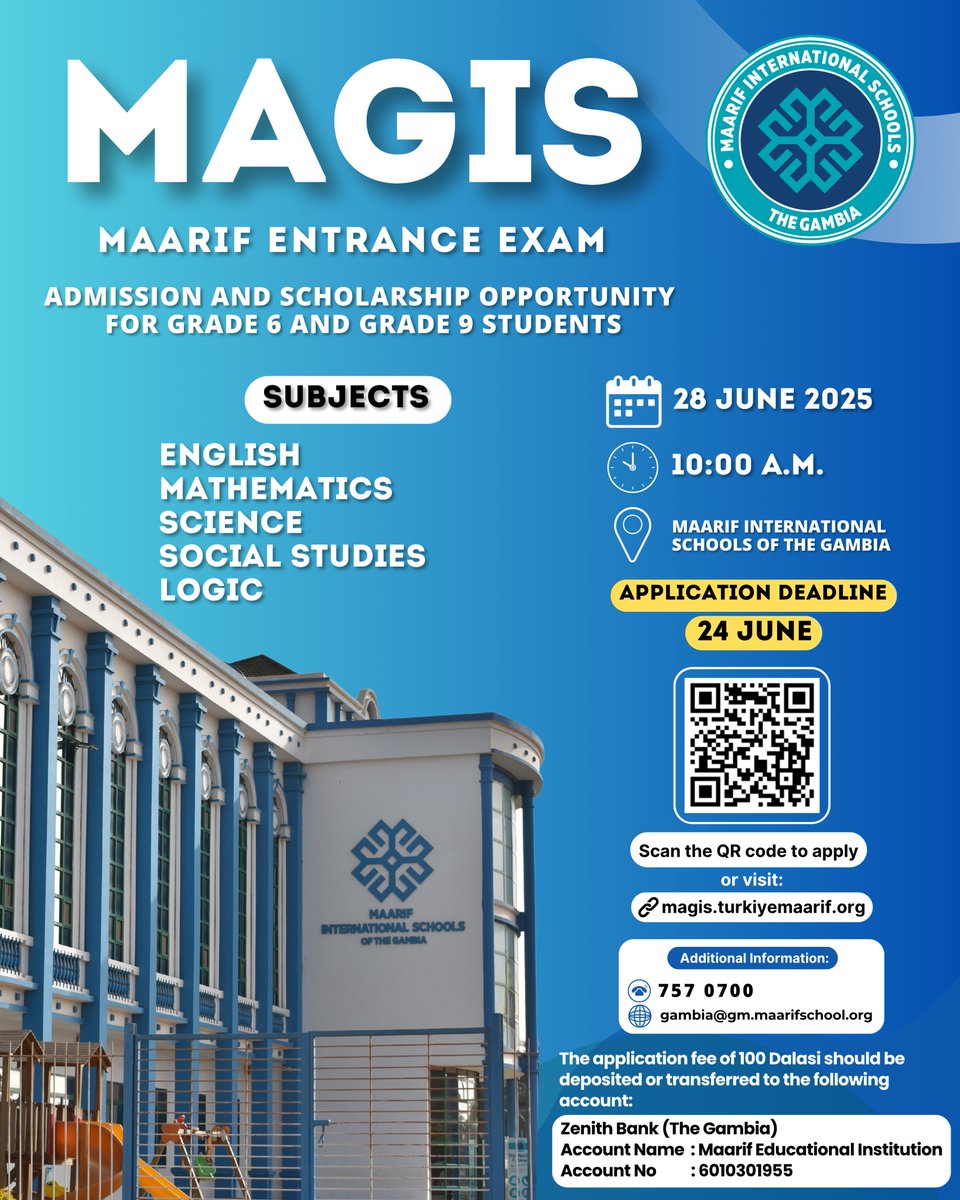 GMMaarif's tweet photo. ⚠️ MAGIS 2025 is here!

Are you currently in Grade 6 or Grade 9?
Don’t miss your chance to join Maarif International Schools of The Gambia for the upcoming year.

Different percentage of scholarships are also available with MAGIS!

⚠️ Application Deadline: 24 June https://t.co/8R2gWJnfPB