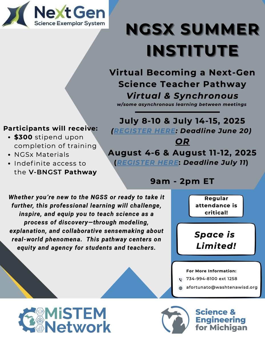 MiSTEMregion9's tweet image. July offering of V-BNGST Pathway learning between mtgs
July 8-10 & July 14-15, 2025
(REGISTER docs.google.com/forms/d/e/1FAI…: Deadline June 20)
August offering of V-BNGST Pathway learning between mtgs
August 4-6 & August 11-12, 2025
(REGISTER docs.google.com/forms/d/e/1FAI…: Deadline July 11)