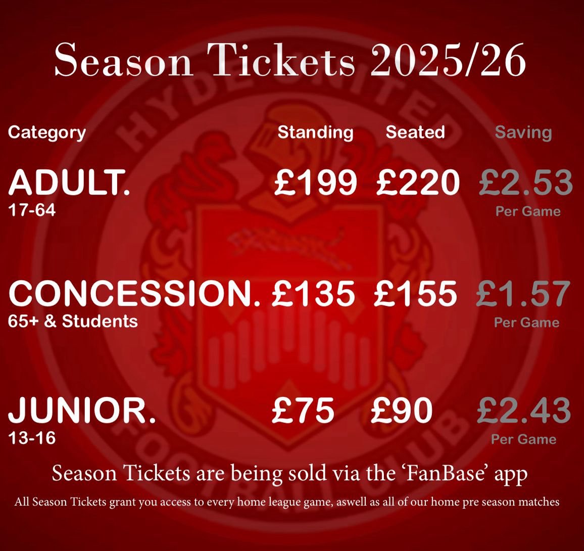 🎟️ As pre season approaches and the squad building continues, there’s no better time to purchase your Season Ticket for 2025/26

✅ Reduced Prices
✅ FREE entry to all home pre season friendlies
✅ Support your local club

Buy via the FanBase App or leave a message on 01613677273
