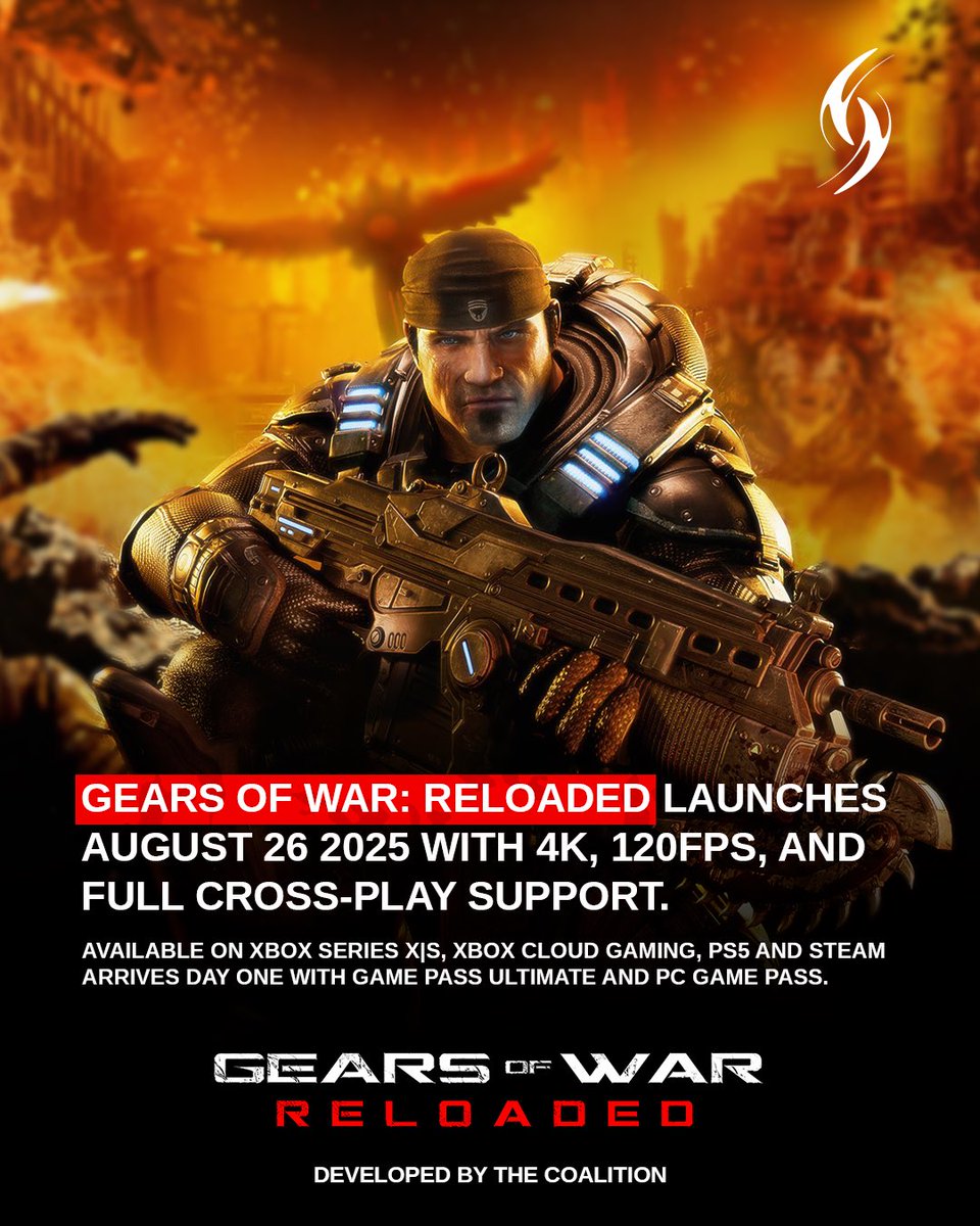 smart_gama's tweet photo. 🔥 Gears of War: Reloaded 🔥
Launches Aug 26, 2025
🎮 Xbox | PC | PS5
🟢 Day One on Game Pass &amp; PC Game Pass
💥 4K | 120FPS | Cross-Play

⚔️ MP Beta:
📅 June 13–15 &amp; June 20–22
✅ Pre-orders, Game Pass &amp; Ultimate Edition

#GearsofWarReloaded #Xbox #GamePass #PS5 #Gaming #sgnews https://t.co/WUbS5ay0Mi