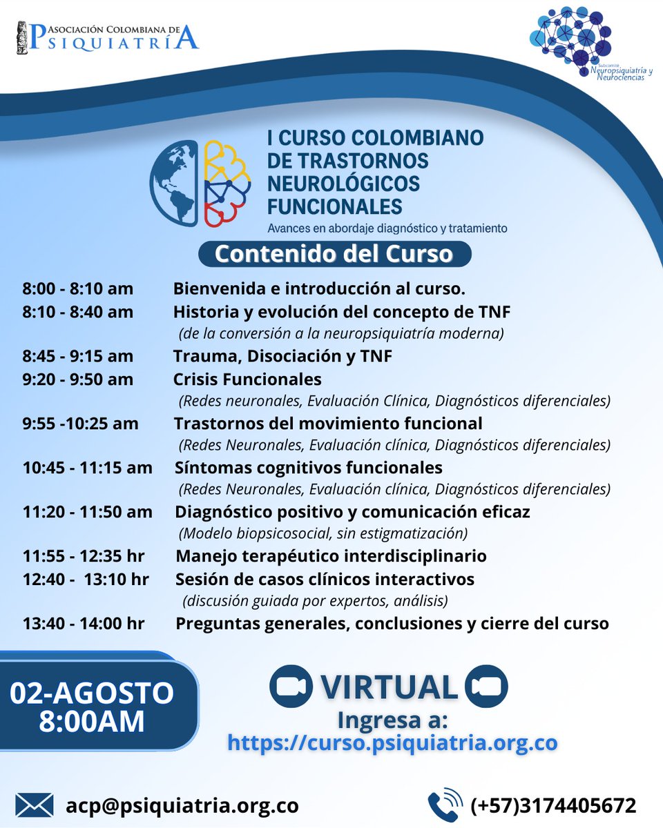 Conoce el contenido del 1er Curso Colombiano de Trastornos Neurológicos Funcionales, organizado por la Asociación Colombiana de Psiquiatría, desde el Subcomité de Neuropsiquiatría.

🚥 2 de agosto, 2025
📡Modalidad virtual

Ingresa a:
curso.psiquiatria.org.co

#Neuropsiquiatría