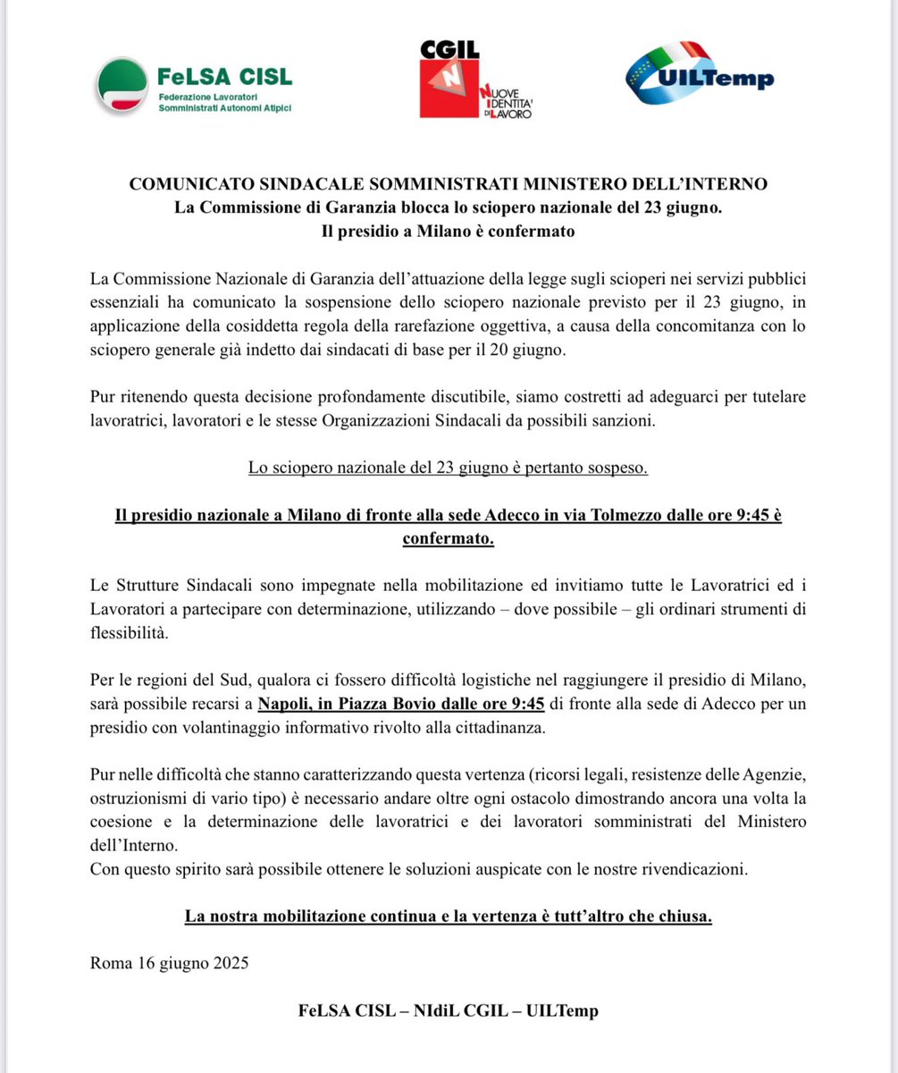 In allegato il comunicato nazionale di Felsa CISL, Nidil Cgil Nazionale  e Uiltemp Nazionale in merito alla situazione contrattuale delle #prefetture e #questure🟢🔴🔵