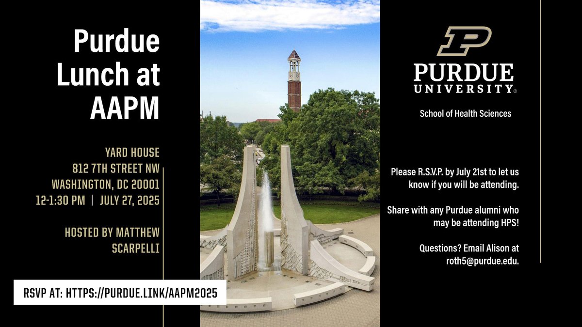 PurdueHSCI's tweet image. Join us for a Purdue lunch at #AAPM2025!
📅Sunday, July 27
🕰️12-1:30 PM ET
📍Yard House (812 7th Street NW)
RSVP: purdue.link/aapm2025
#medphys