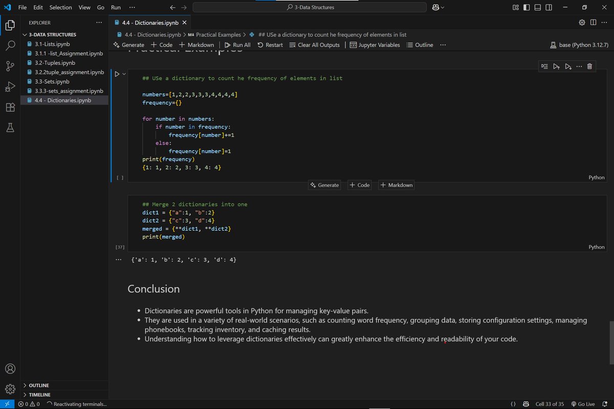 Vishal_Rewaskar's tweet image. Day 5 Bootcamp Recap (16 June):
-> List: Assignment completed
-> Tuples: Lecture code + assignment done
-> Sets: Lecture code + assignment done
-> Dictionaries: Lecture code done (assignment up next 👀)