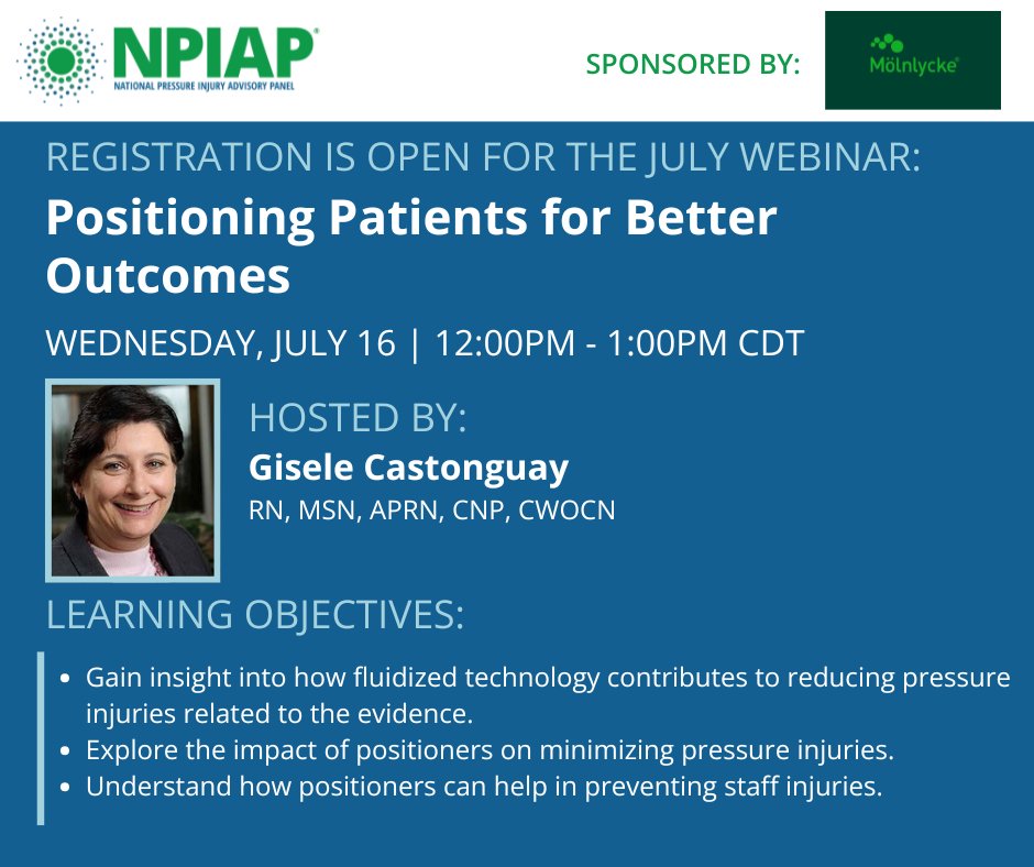#NPIAP's next webinar "Positioning Patients for Better Outcomes" is open for registration! Join our host, Gisele Castonguay, to learn how proper patient positioning can help reduce the risk of a hospital acquired #pressureinjury.

bit.ly/4445YWC

Sponsored by Mölnlycke.