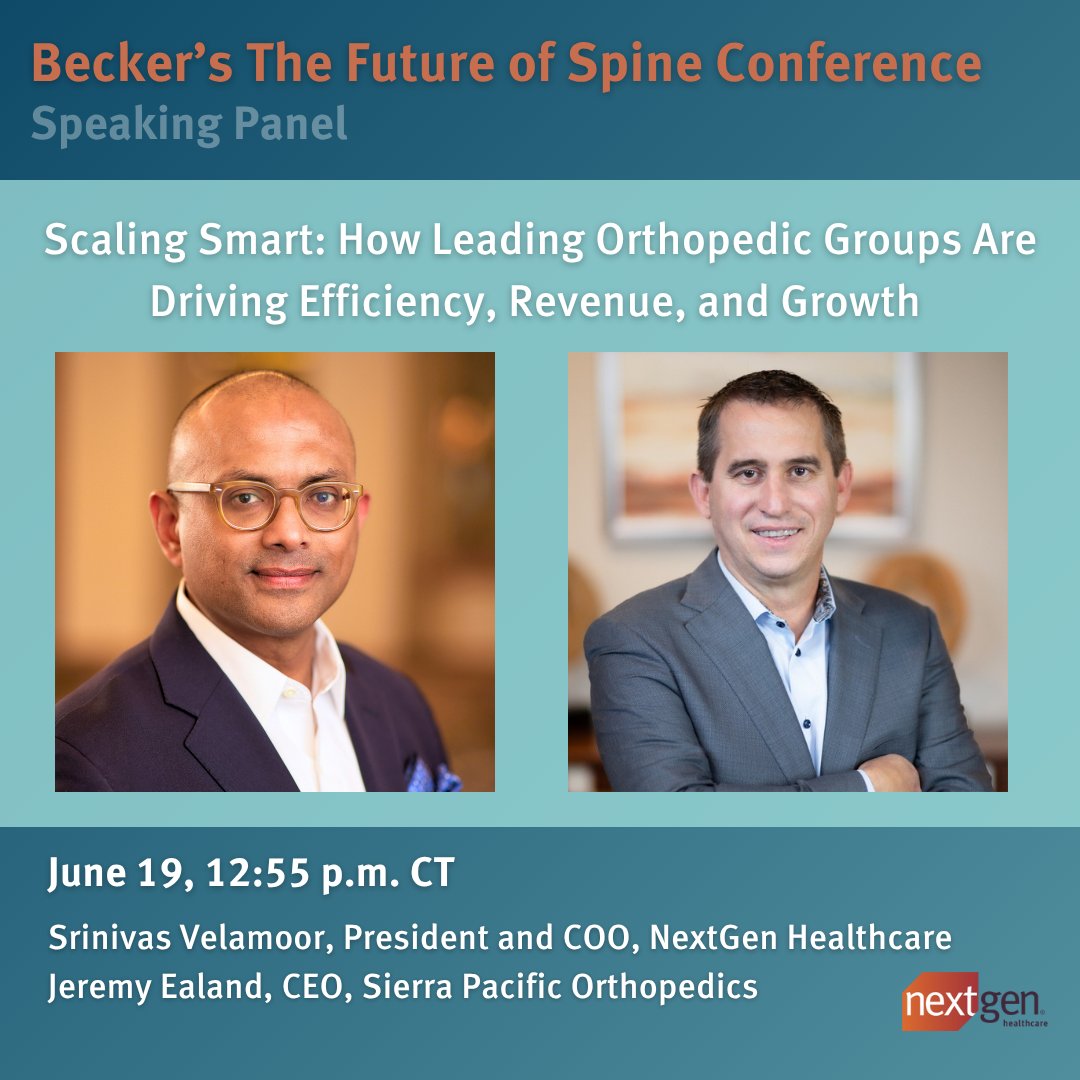 At Becker's Healthcare's The Future of Spine Conference?

Sri Velamoor, President and COO of NextGen Healthcare, and Jeremy Ealand, CEO of Sierra Pacific Orthopedics are leading a discussion about how orthopedic leaders are scaling smarter.
 
Details:  ow.ly/Al4150WacHy
