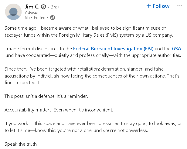 RacketeerX's tweet photo. Before posting on his LinkedIn page https://t.co/CtuoLU2vVP and seeming to admit his involvement in the coordinated attack - did he possibly collude with Atlantic Wave Holdings, the Receiver in the ongoing case, others in an attempt to further damage a US Defense Company? $CYBL https://t.co/Inc2CZL1QL
