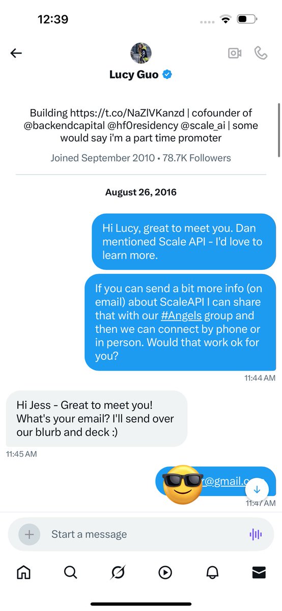 jess's tweet image. If you’re in the investing job long enough you rack up some epic misses—like mine on the Scale AI seed round 🫣.
Dug up my DM to Lucy in 2016. She graciously gave us a shot to angel invest.
A gigantic miss!