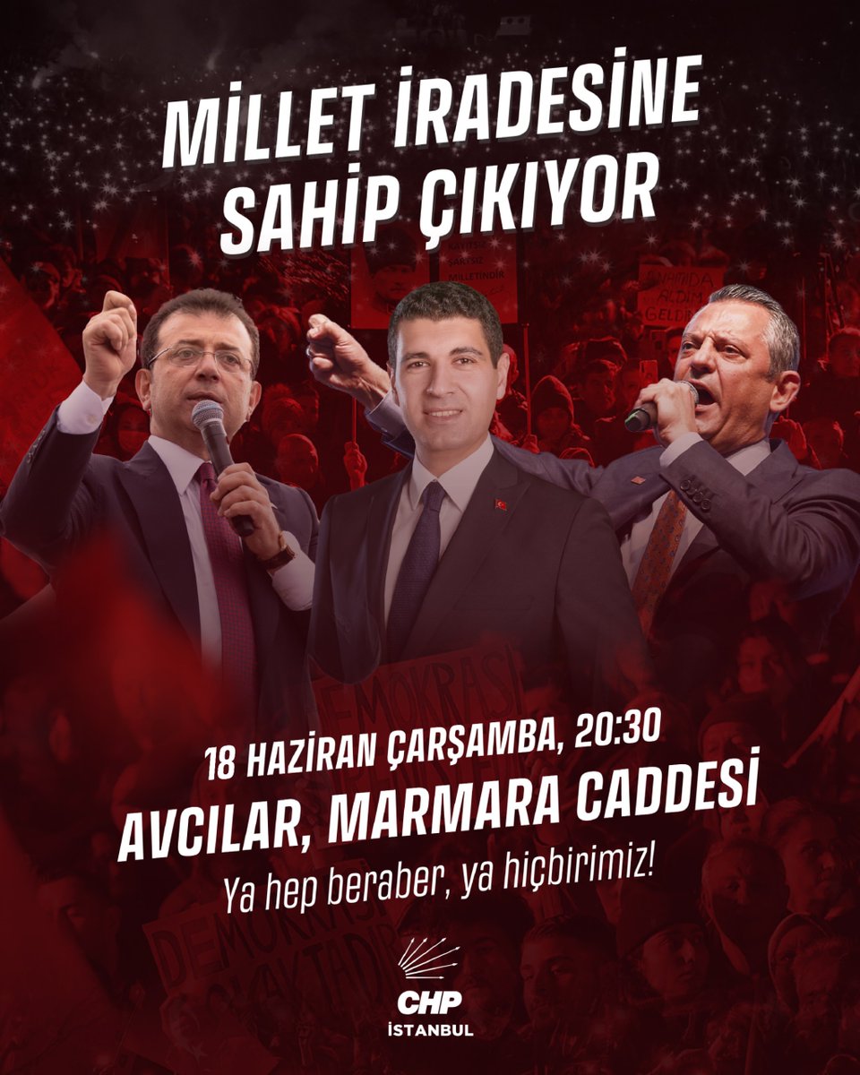 Milletimizin iradesine, milletimizle birlikte sahip çıkıyoruz!

Cumhurbaşkanı adayımızı, halkımızın helal oylarıyla seçilmiş belediye başkanlarımızı, yol arkadaşlarımızı savunmaya; meydanları doldurmaya devam ediyoruz.

Ya hep beraber ya hiçbirimiz!

🗓️18 Haziran, Çarşamba