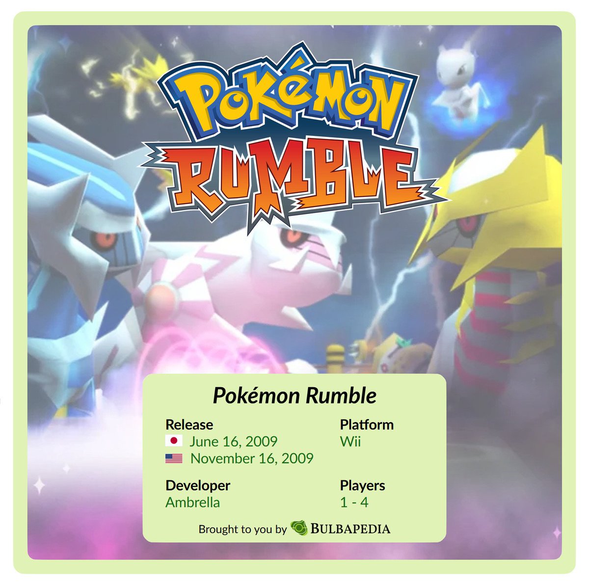Today is the 16th anniversary of Pokémon Rumble, first released in Japan for WiiWare on the Nintendo Wii on June 16, 2009!

This game sees the player control Toy Pokémon to take on waves of opponents in a variety of stages.