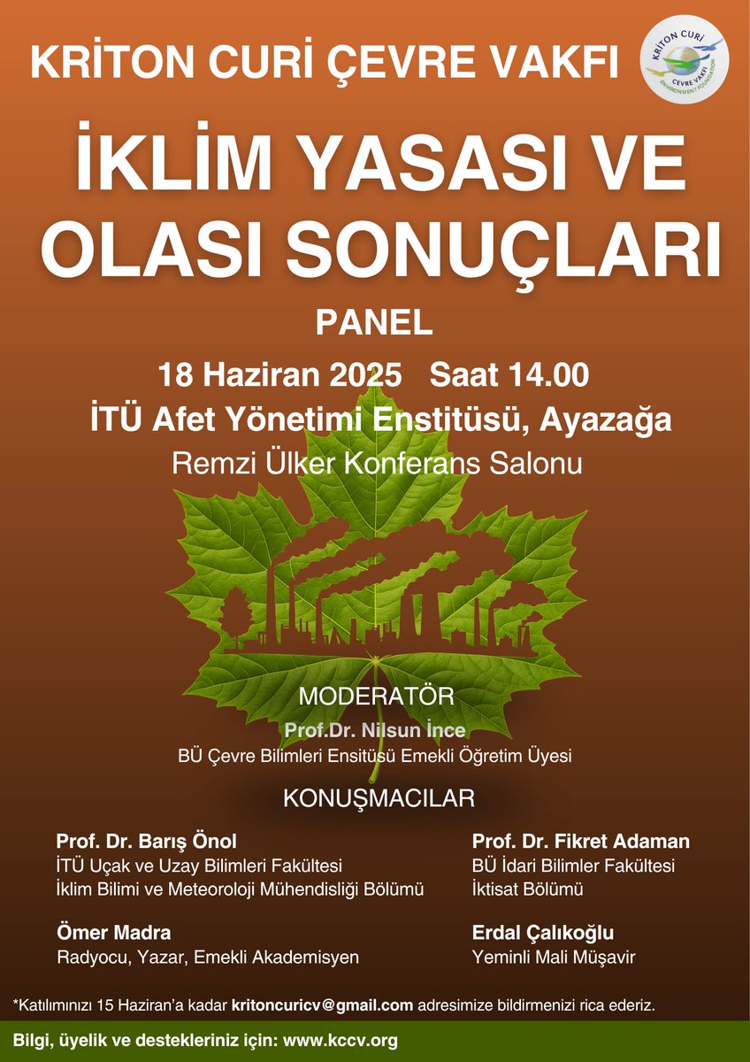 🌍 İklim yasası ve olası sonuçları

📅 18 Haziran 2025
🕑 14.00
📍 İTÜ Afet Yönetimi Enstitüsü, Ayazağa

Alanında uzman isimler tartışıyor.
🎙️ Detaylar: kccv.org
📩 Katılım için: kritoncuricv@gmail.com

#İklimYasası #İklimKrizineDurDe #KritonCuri #İTÜ