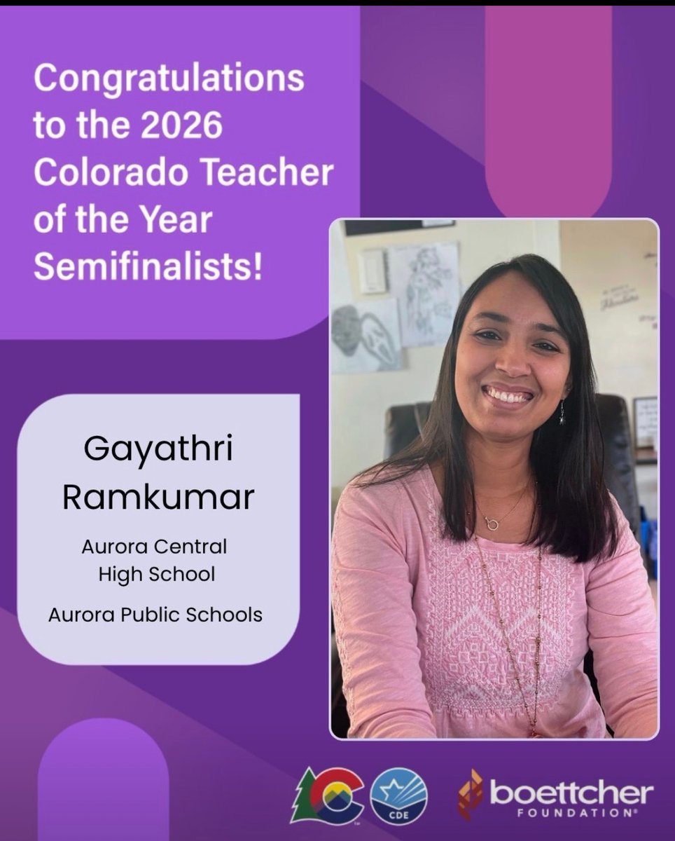 aurorak12's tweet photo. .@actrojans  math teacher Gayathri Ramkumar is a 2026 #ColoradoTeacherOfTheYear semifinalist! Out of 419 educators, Gayathri is one of just 22 selected. Let's cheer her on as she moves to the next round! The @codepted will announce finalists in Sept.  and a winner in Oct. https://t.co/uIfdI6CPRs